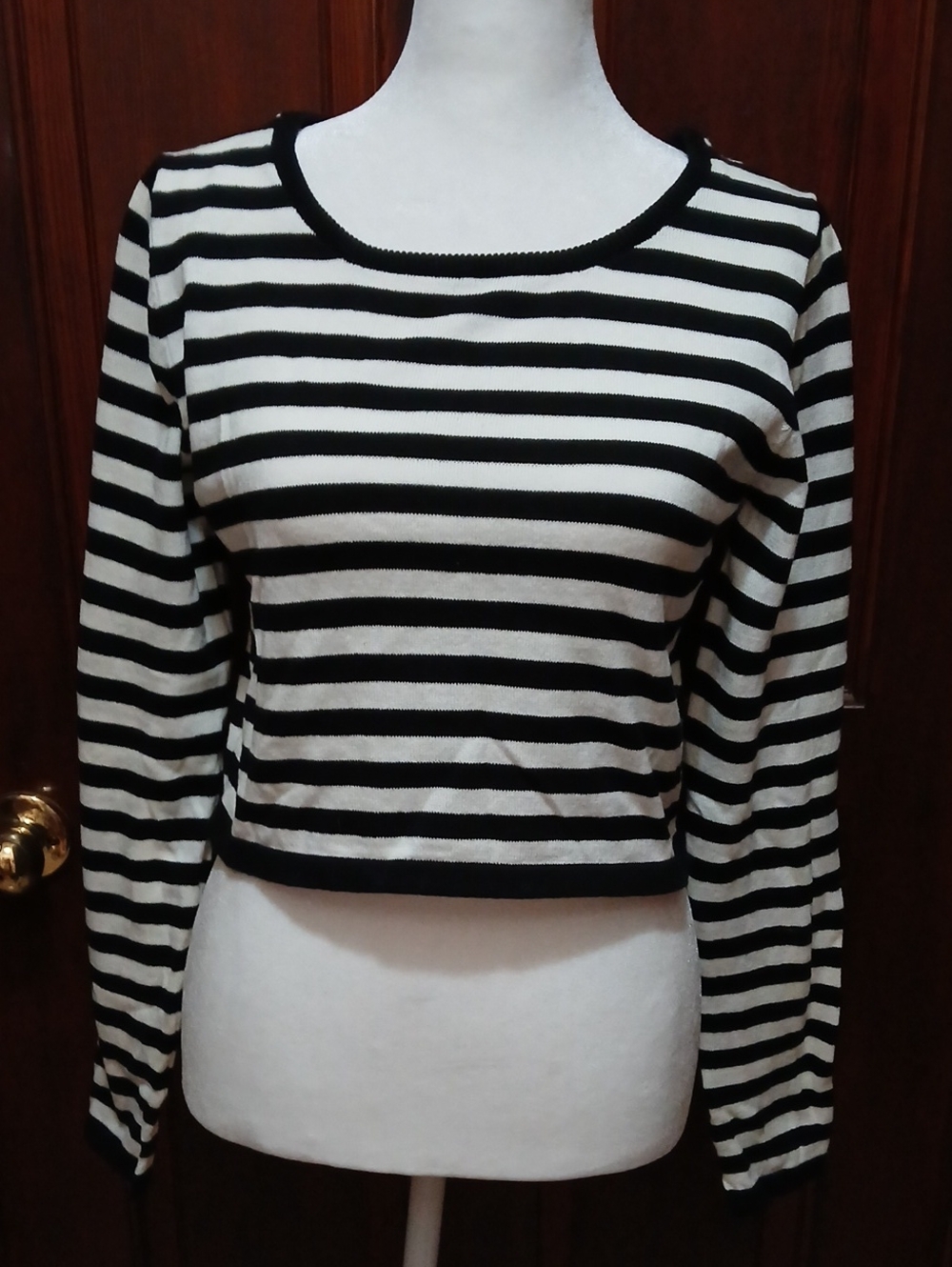 Ambiance Black and White Striped Long-Sleeve Knit Crop Top